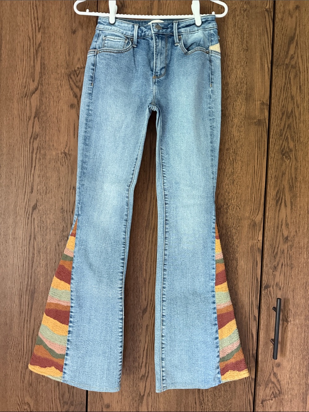 DRIFTWOOD Light Blue Denim Flare Jeans with Multicolor Striped Panels
